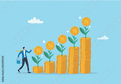 Compound interest growth, savings, investment or wealth accumulation formula, interest rate principal, profit or earning, prosperity concept, businessman watering compound interest seedling growth.