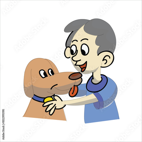 Happy boy hugging his brown pet dog with love and affection. Concept of friendship