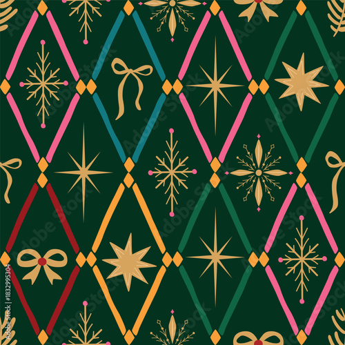 Geometric Christmas harlequin seamless pattern with bows, snowflakes, stars. Vector dark green rhombus, tile, diamond print, wallpaper, repeat background, textile design, fabric, wrap, gift paper.