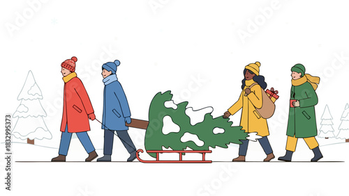 Family Tradition People Bringing Home Christmas Tree Winter Holiday Fun