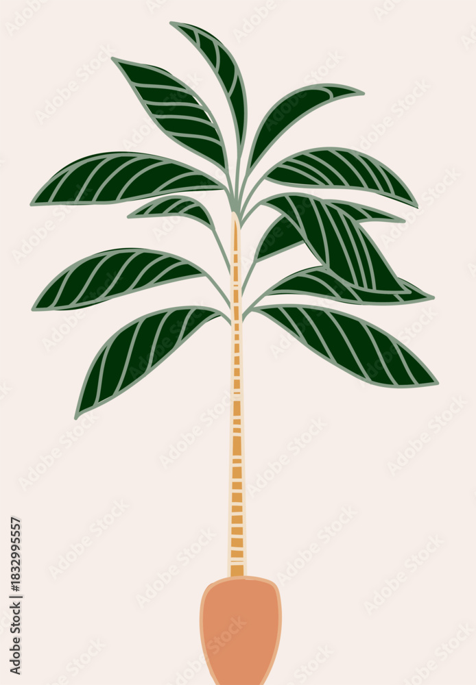Obraz premium Illustration of a tall palm tree with a textured trunk and green fronds on beige.