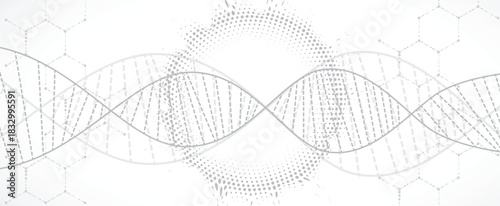 Molecule model with hexagons, DNA strands, connected neural web