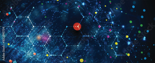 Molecule model with hexagons, DNA strands, connected neural web