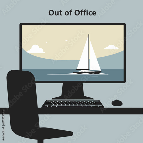 Out of office message computer screen displaying a peaceful sailing vacation scene