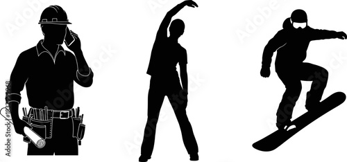 Silhouette illustration of construction, stretching, and snowboarding activities, black and white vector, lifestyle and profession concept, dynamic human motion