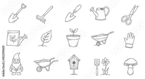 A grid of fifteen handdrawn gray icons depicting various gardening tools and nature elements
