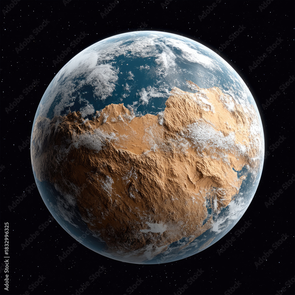 Fototapeta premium Arid desert planet with rugged terrain, blue oceans, white clouds, and dramatic contrast in outer space view