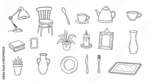 Black and white line drawings of various household objects arranged in rows