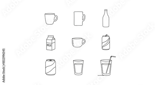 Black and white outline icons of nine different beverage containers arranged in a 3x3 grid