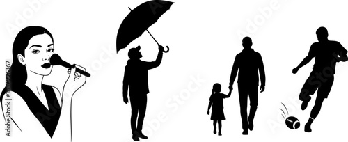 Silhouette illustration of makeup, umbrella, parenting, and soccer activities, black and white vector, lifestyle and interaction concept, expressive human poses