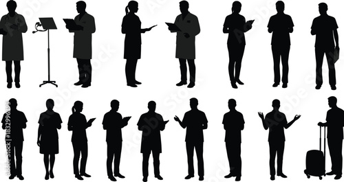 Silhouette illustration of medical professionals in various poses with clipboards and IV pole for healthcare and editorial vector content