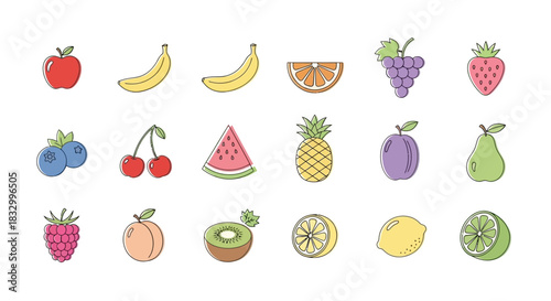 Three rows of colorful handdrawn style fruit icons on a white background