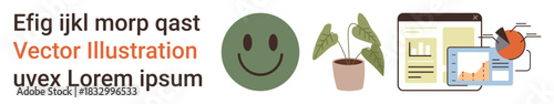 Environmental awareness, business analytics, positivity, sustainable growth, eco-friendliness, and graphic design. happy face, potted plants and data charts . Positivity and business analytics