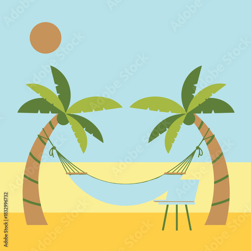 Relaxing Tropical Beach Scene with Hammock Strung Between Palm Trees