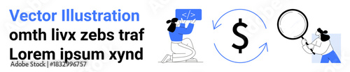 Software development, financial systems, data analysis, coding learning, teamwork, IT services. A person coding, a dollar symbol and a search magnifier. Software development and financial systems