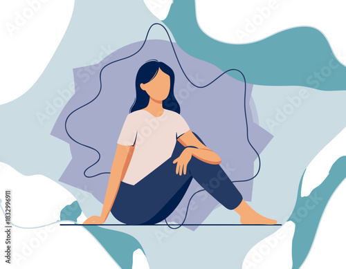 Minimalist Line Art of a Woman with Wavy Hair Sitting Calmly Against a Soft Blue and Purple Abstract Background Elegant and Serene Portrait Illustration