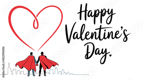 Two male superheroes holding hands with red capes flowing against a city skyline with a large red heart above them and happy valentines day text