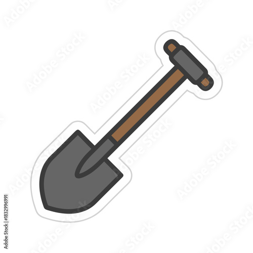 Simple Flat Vector Art Style Illustration Of A Shovel With A Brown Wooden Handle And Gray Metal Head On A White Border Against A Black Background