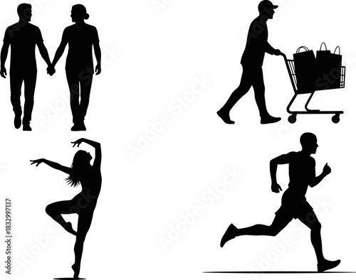 Silhouette illustration of walking, shopping, dancing, and running activities, black and white vector, lifestyle and motion concept, expressive human poses