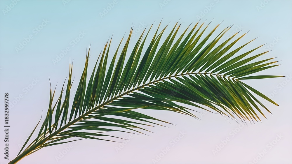 Obraz premium Palm Leaf Against Pastel Sky Tropical Elegance and Serenity in Botanical Photography