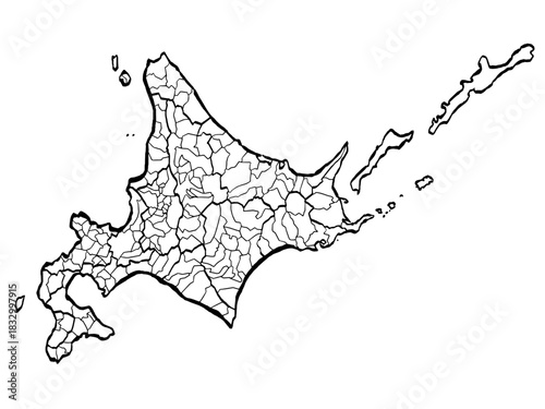 北海道地図 市町村区分 筆タッチ 和風 東日本 / A brushstroke map of Hokkaido 2