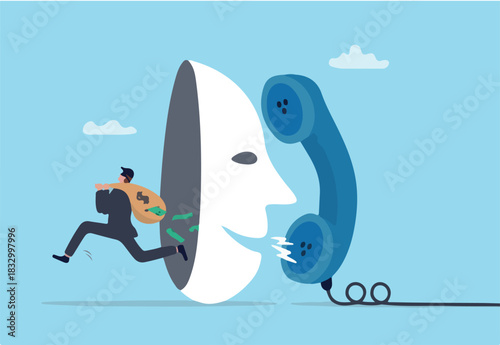 Phone scam, fraud or stealing money crime, cyber online safety hacking, thief with fake phone call or chat, illegal dishonesty concept, thief stealing money from mask talking on scam phone call
