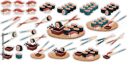 sushi set rice salmon sticker printable with soy sauce counturing print 