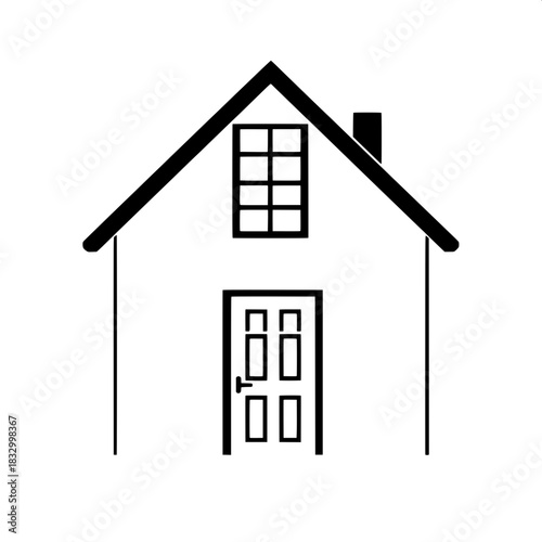 Logo-ready black silhouette of a house, perfectly centered, with a large paneled window featuring multiple vertical panels, and a small secondary window positioned directly above a simplistic door wit