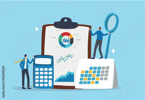 Accounting or budget planning, financial report calculation, expense analysis, tax report document, statistic chart and graph concept, businessman with calculator on accounting analysis clipboard