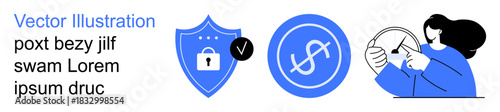 Cybersecurity, digital protection, financial security, identity verification, data encryption, online transactions. Blue shield with a lock, an approved checkmark, currency icon and user analyzing