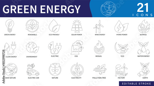 green energy icon set featuring renewable power, solar, panels, wind, power, climate change, turbines, eco, electricity, sustainability, recycling, and clean technology symbols.