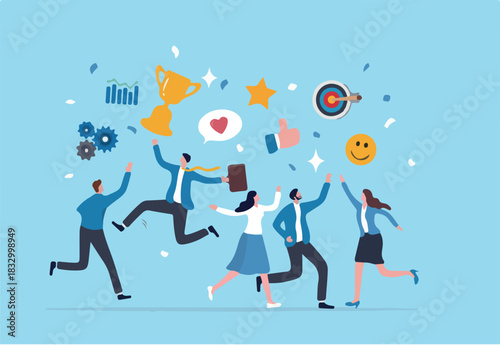 Employee engagement, work satisfaction or happiness, company commitment or employee appreciation, wellbeing or inclusive concept, happy business people employees jump with work engagement elements