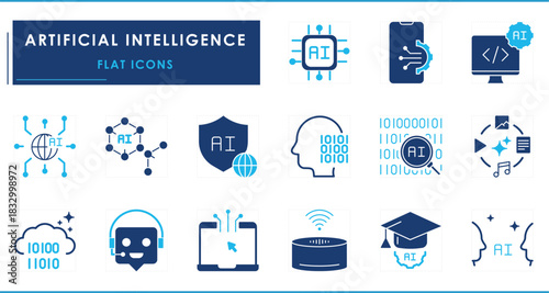 A set of flat icons related to artificial intelligence. Intelligent, digital, generate, artificial, digital, chip, chatbot, education, assistant, and so on.