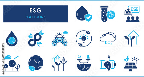 A set of Flat icons related to ESG. Environment, green energy, nature, conservation, green, resources, earth, and so on.