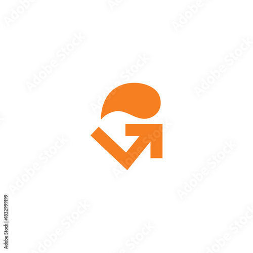 Modern orange graphic combining an upward arrow and a fluid teardrop shape, creating a dynamic letter G symbol against a plain white backdrop.