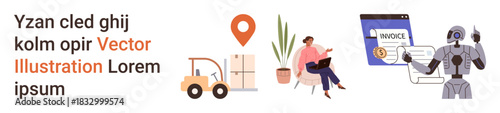 Business automation, logistics, AI technology, delivery services, productivity tools, digital transformation. Forklift with boxes, AI robot processing invoices. Business automation and logistics