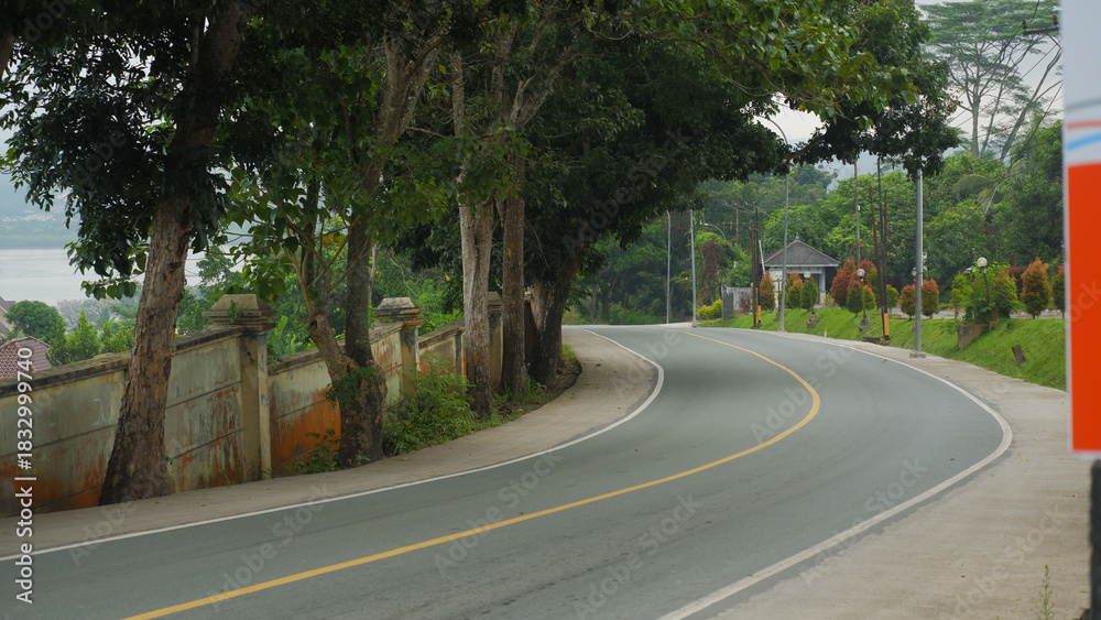Fototapeta premium Curving Rural Road Surrounded by Trees and Lush Greenery
