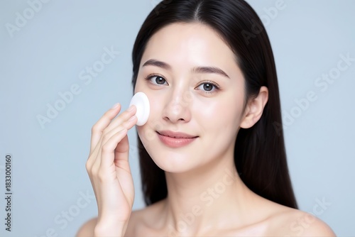 Beautiful woman with clear skin smiling while applying skincare cream