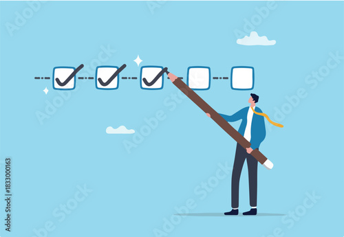 Project tracking, finishing or development completion progress, project timeline or task workflow, productivity or efficiency concept, businessman project manager tick project checklist progress