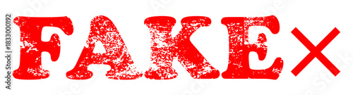 Fake word red rubber stamp with distressed texture effect isolated on transparent background.