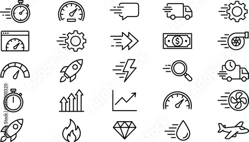 Speed, Performance, and Efficiency Icon Set Fast Delivery, Time, Growth, Acceleration, Data, Investment, Quality, Energy, Rocket Launch