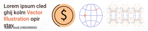 Financial technology, global economy, digital connectivity, innovation, tech industry, automation. Dollar symbol, globe with nodes and digital circuit board. Financial technology and global economy