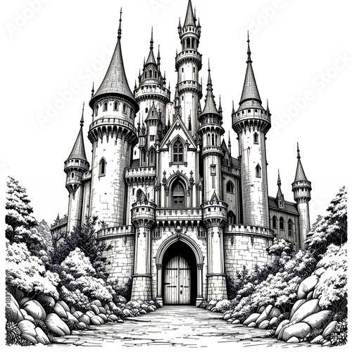 Intricately detailed majestic medieval castle with towering spires and fortified stone walls