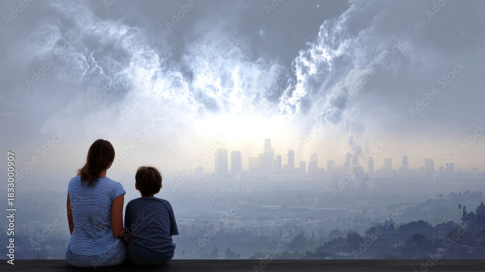 Fototapeta premium People in respiratory protective mask against air pollution and headache Suffocate. Concept of air pollution in the city. calling for urgent action to protect the environment.