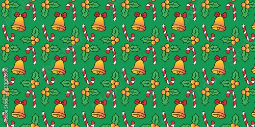 Seamless Festive Pattern Adorned with Traditional Bells, Sweet Candy Canes, and Holly Berries on a Vibrant Green Background, Ideal for Holiday Decor and Seasonal Designs