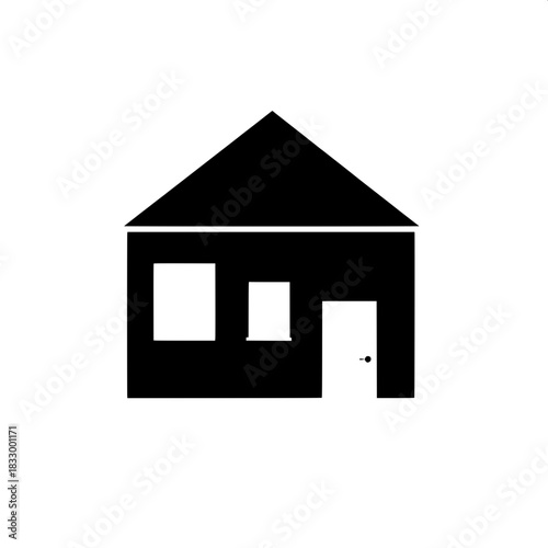 Flat-design house illustration in solid black with white window and door lines, emphasizing clear geometry and minimal visual noise, featuring a two-dimensional appearance with bold lines and simple s