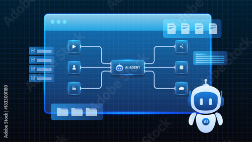 AI workflow automation artificial intelligence. ai agent automation platform with robot assistant shows efficient data processing.