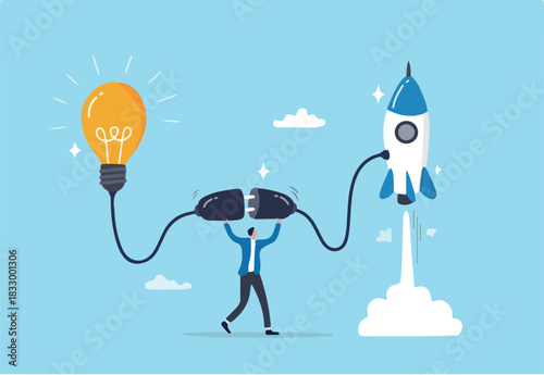 Entrepreneur business idea creating startup company, start new business with creativity, innovation, company founder, inventor or development, businessman connect lightbulb idea with launching rocket