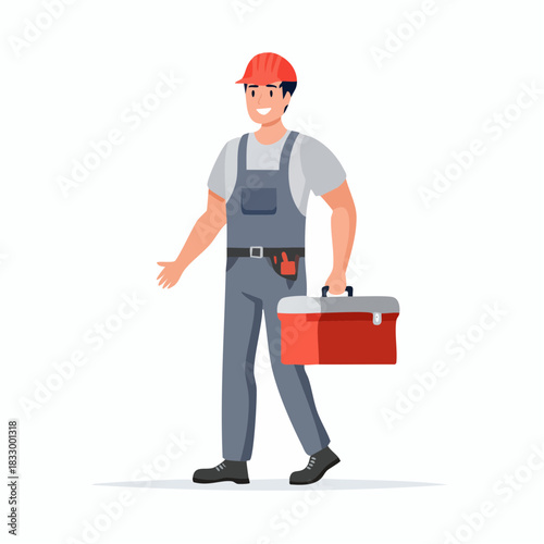 Smiling construction worker carrying toolbox walks confidently on white background, ready to start the job with a positive and professional attitude.