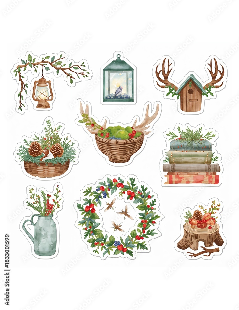 Fototapeta premium Watercolor woodland stickers featuring antlers baskets lantern wreath birdhouse and rustic elements